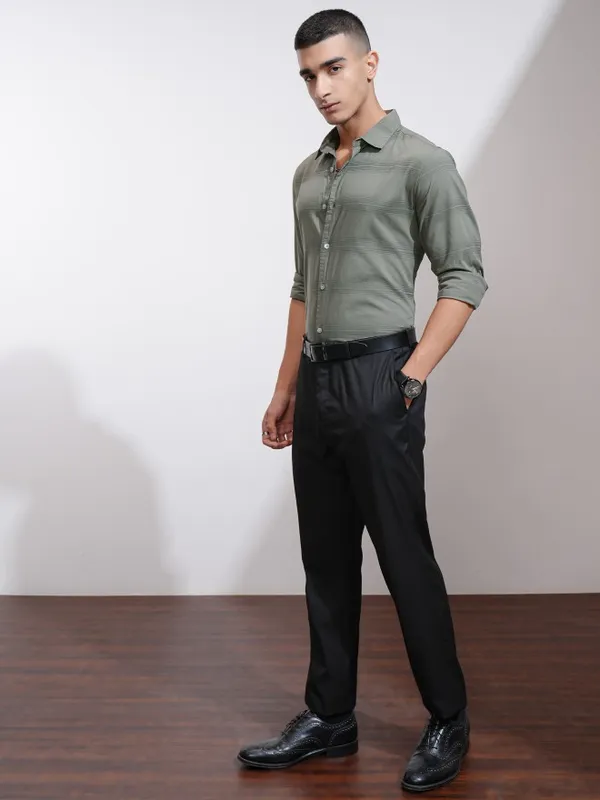 Highlander Men Olive Striped Regular Fit Casual Shirt