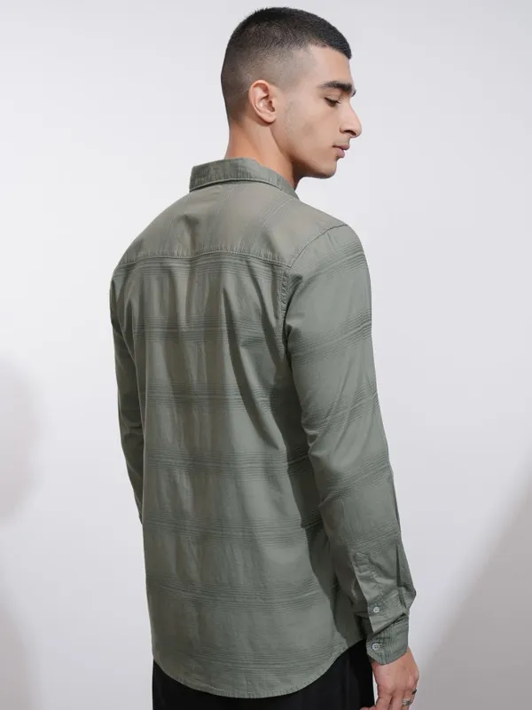Highlander Men Olive Striped Regular Fit Casual Shirt