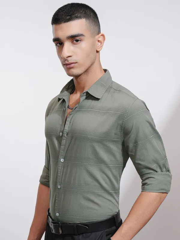 Highlander Men Olive Striped Regular Fit Casual Shirt