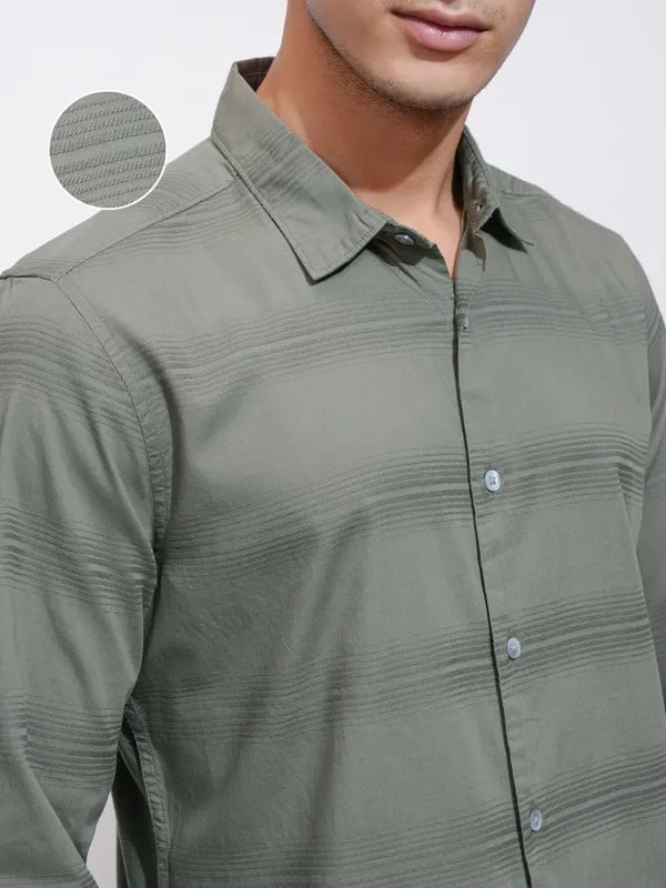 Highlander Men Olive Striped Regular Fit Casual Shirt