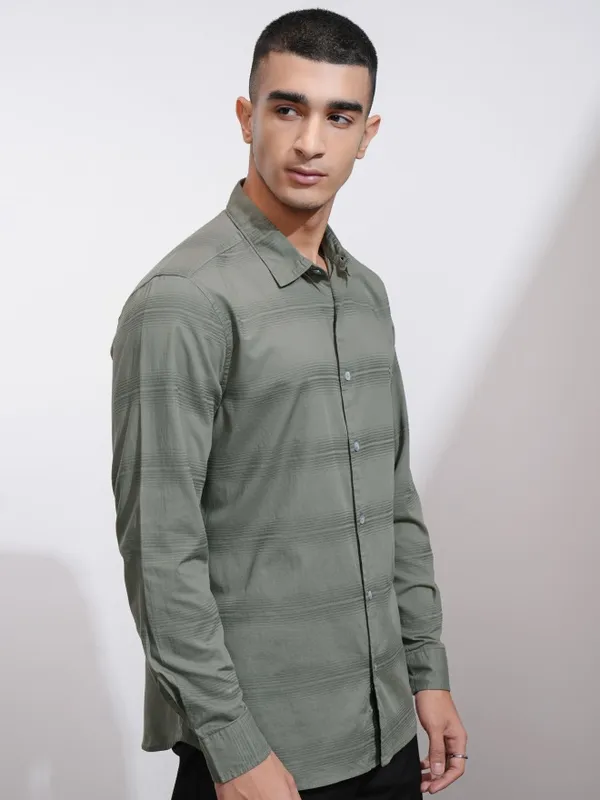 Highlander Men Olive Striped Regular Fit Casual Shirt