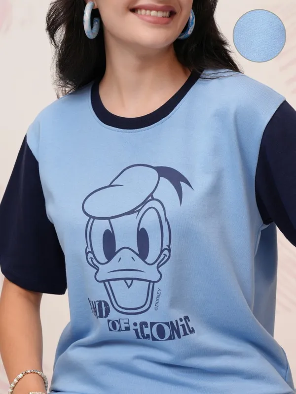 Disney By Tokyo Talkies Women Blue Donald Duck T-Shirt With Trousers Co-Ords