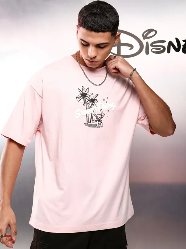 Disney By Highlander Men Pink Stitch Printed Round Neck Oversized Fit T-Shirt