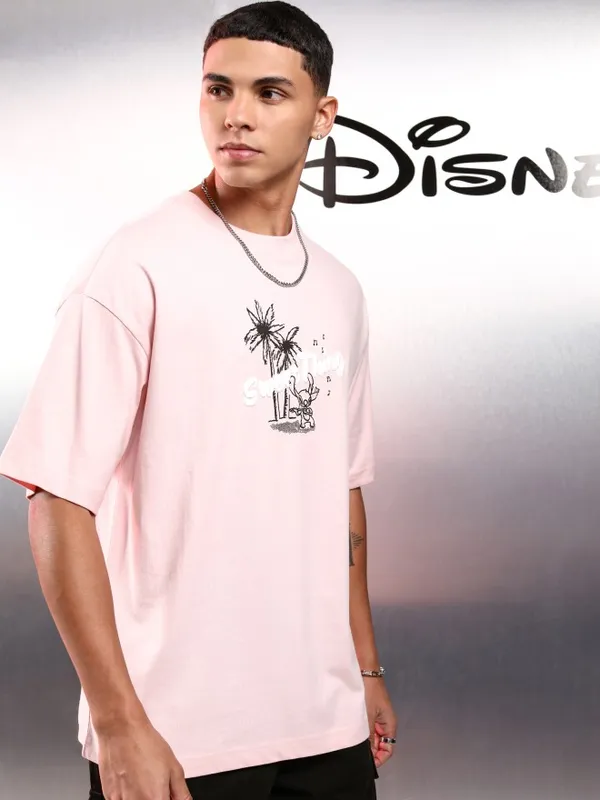 Disney By Highlander Men Pink Stitch Printed Round Neck Oversized Fit T-Shirt