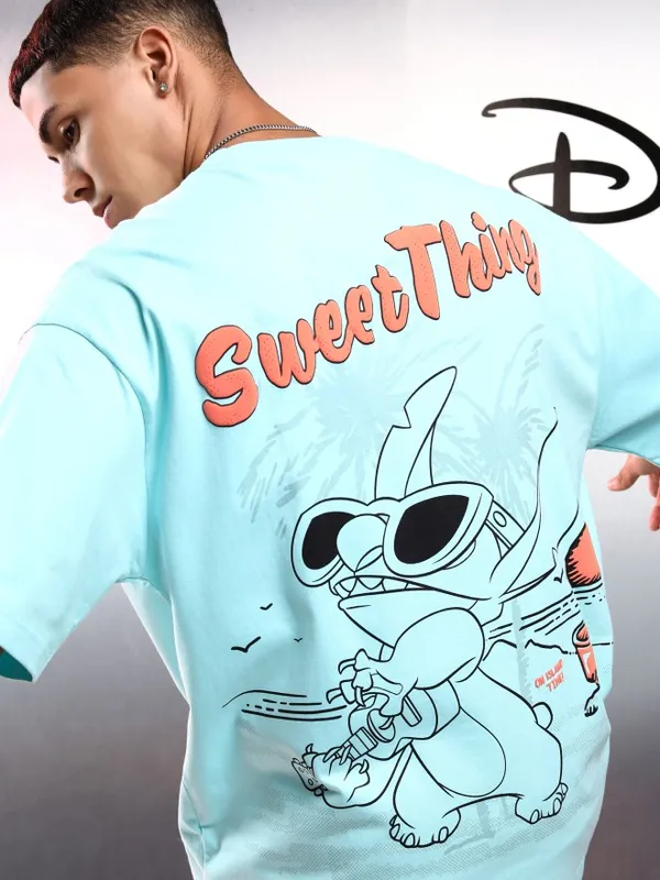 Disney By Highlander Men Blue Stitch Printed Round Neck Oversized Fit T-Shirt