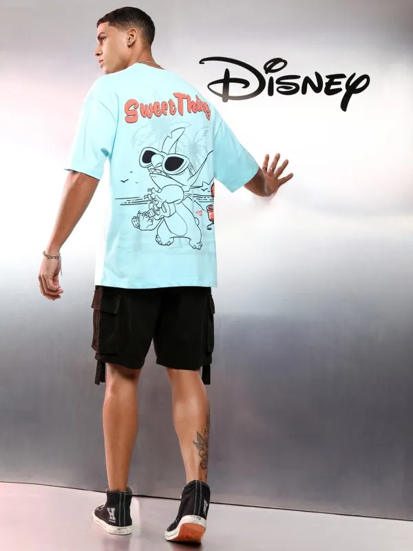 Disney By Highlander Men Blue Stitch Printed Round Neck Oversized Fit T-Shirt