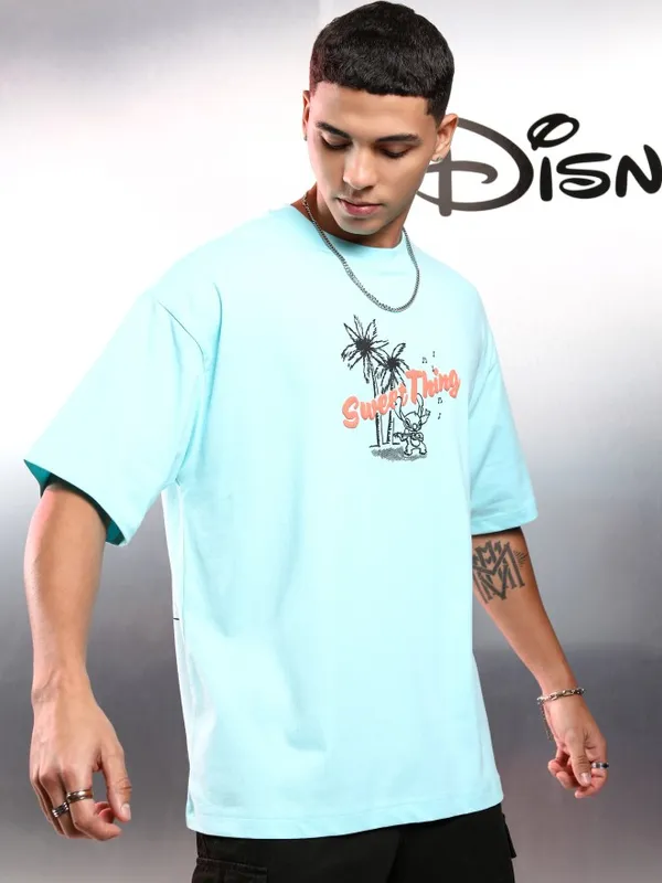 Disney By Highlander Men Blue Stitch Printed Round Neck Oversized Fit T-Shirt