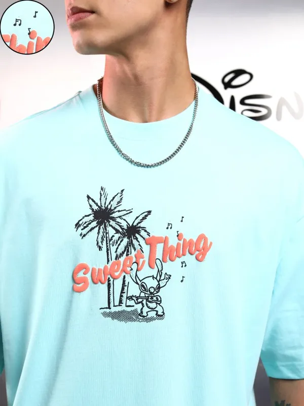 Disney By Highlander Men Blue Stitch Printed Round Neck Oversized Fit T-Shirt