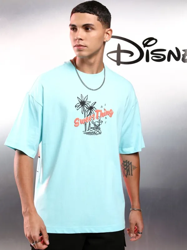 Disney By Highlander Men Blue Stitch Printed Round Neck Oversized Fit T-Shirt