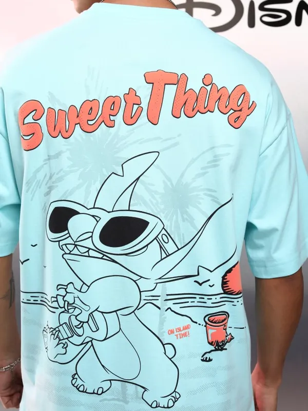 Disney By Highlander Men Blue Stitch Printed Round Neck Oversized Fit T-Shirt