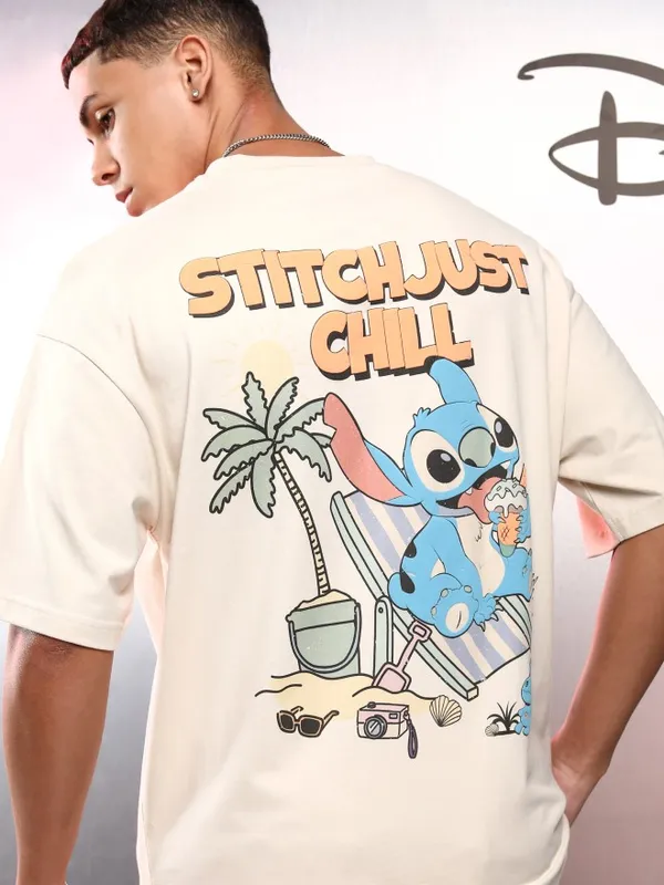 Disney By Highlander Men Cream Stitch Printed Round Neck Oversized Fit T-Shirt