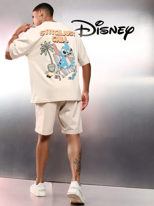 Disney By Highlander Men Cream Stitch Printed Round Neck Oversized Fit T-Shirt
