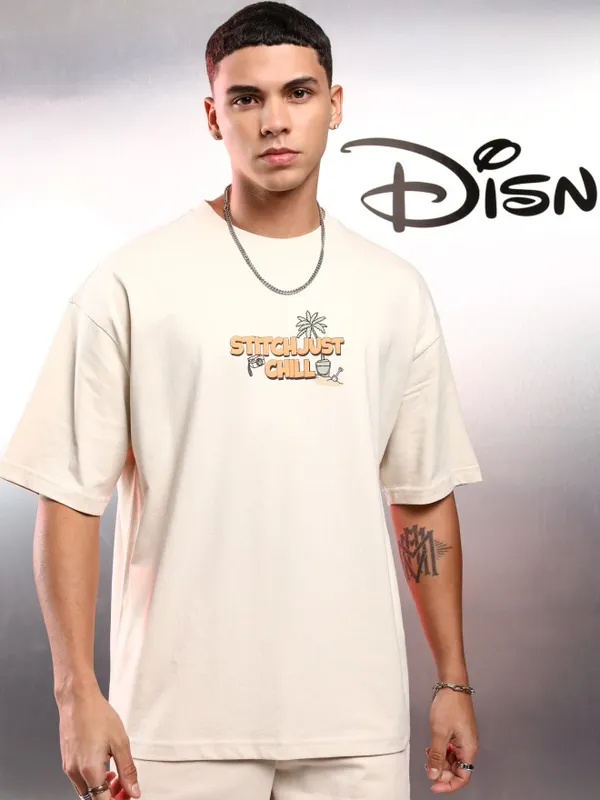 Disney By Highlander Men Cream Stitch Printed Round Neck Oversized Fit T-Shirt