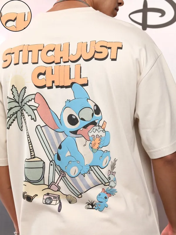 Disney By Highlander Men Cream Stitch Printed Round Neck Oversized Fit T-Shirt