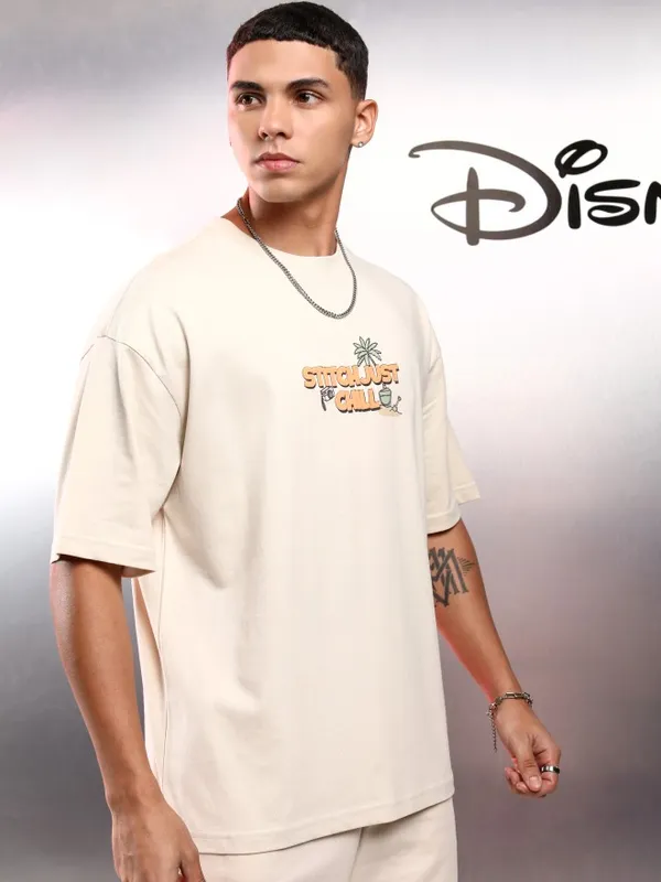 Disney By Highlander Men Cream Stitch Printed Round Neck Oversized Fit T-Shirt