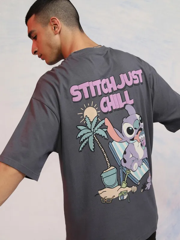 Disney By Highlander Men Grey Stitch Printed Round Neck Oversized Fit T-Shirt