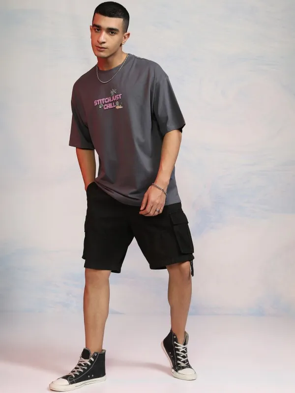 Disney By Highlander Men Grey Stitch Printed Round Neck Oversized Fit T-Shirt