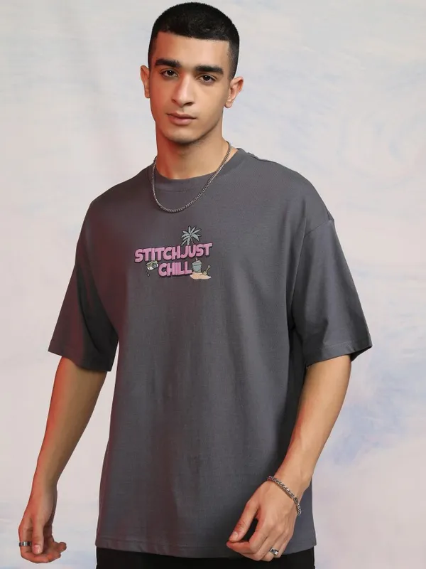 Disney By Highlander Men Grey Stitch Printed Round Neck Oversized Fit T-Shirt