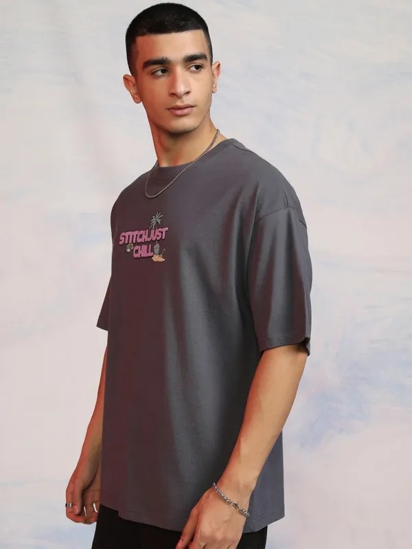 Disney By Highlander Men Grey Stitch Printed Round Neck Oversized Fit T-Shirt