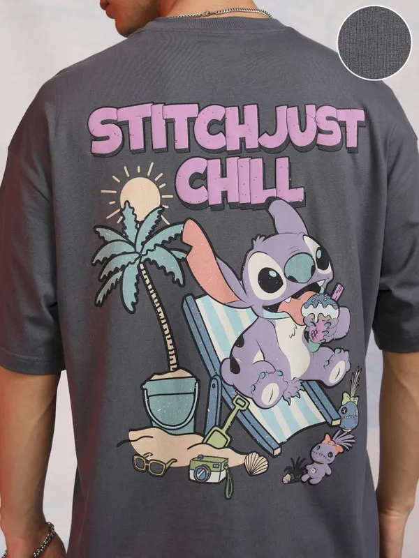 Disney By Highlander Men Grey Stitch Printed Round Neck Oversized Fit T-Shirt