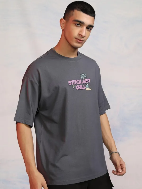 Disney By Highlander Men Grey Stitch Printed Round Neck Oversized Fit T-Shirt