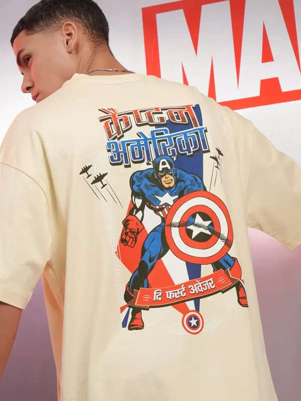 Marvel By Highlander Men Cream Captain America Printed Round Neck Oversized Fit T-Shirt