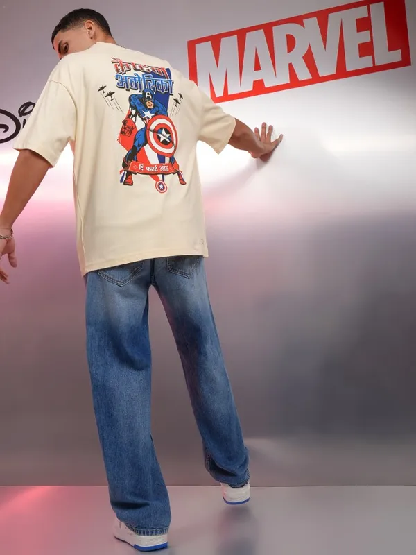 Marvel By Highlander Men Cream Captain America Printed Round Neck Oversized Fit T-Shirt