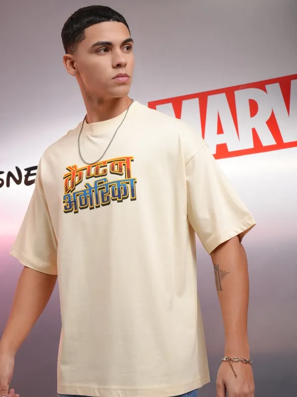 Marvel By Highlander Men Cream Captain America Printed Round Neck Oversized Fit T-Shirt