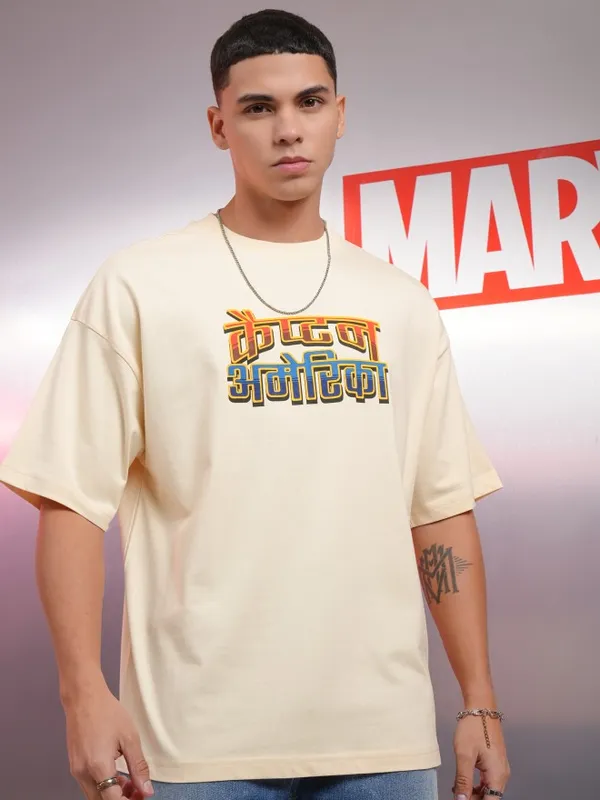 Marvel By Highlander Men Cream Captain America Printed Oversized Fit T-Shirt