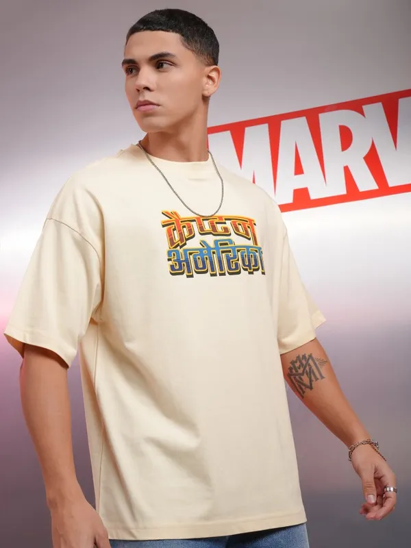 Marvel By Highlander Men Cream Captain America Printed Oversized Fit T-Shirt