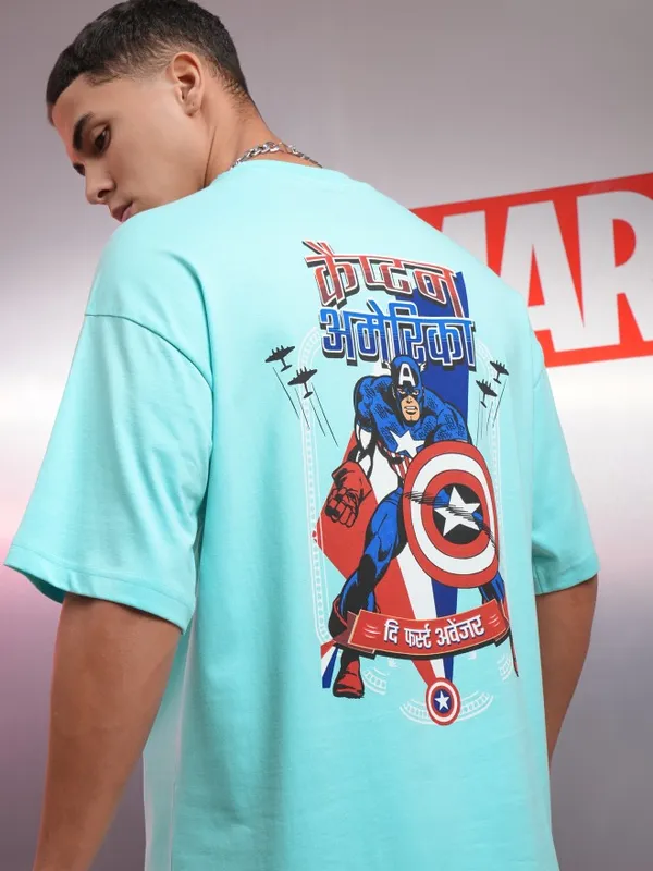 Marvel By Highlander Men Blue Captain America Printed Oversized Fit T-Shirt