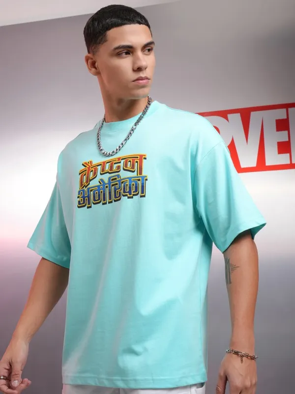 Marvel By Highlander Men Blue Captain America Printed Oversized Fit T-Shirt