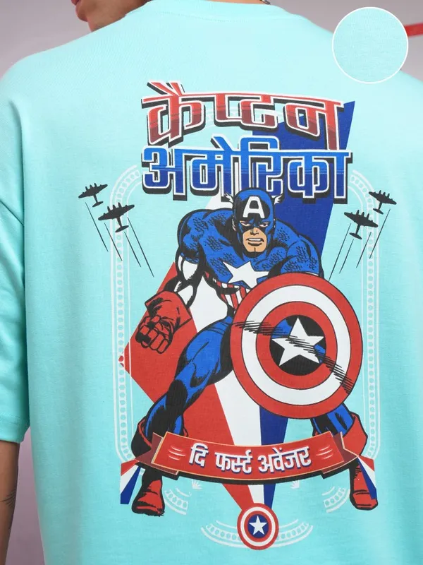 Marvel By Highlander Men Blue Captain America Printed Oversized Fit T-Shirt