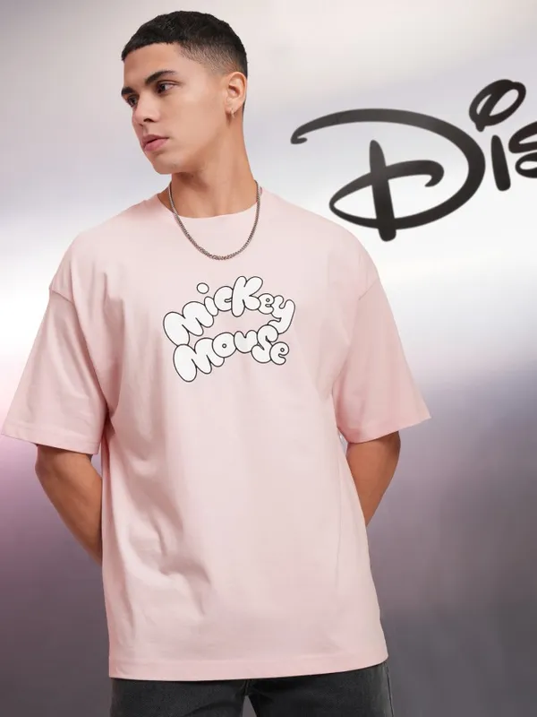 Disney By Highlander Men Pink Mickey Mouse Printed Oversized Fit T-Shirt