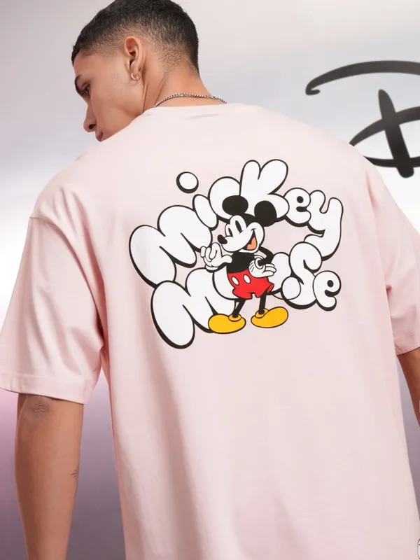Disney By Highlander Men Pink Mickey Mouse Printed Oversized Fit T-Shirt