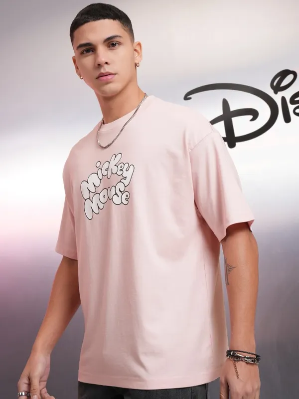 Disney By Highlander Men Pink Mickey Mouse Printed Oversized Fit T-Shirt