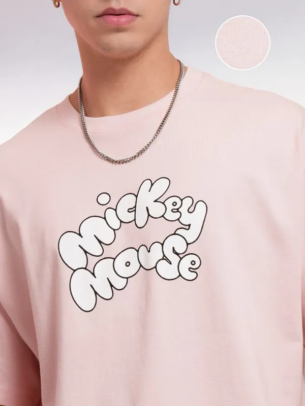Disney By Highlander Men Pink Mickey Mouse Printed Oversized Fit T-Shirt