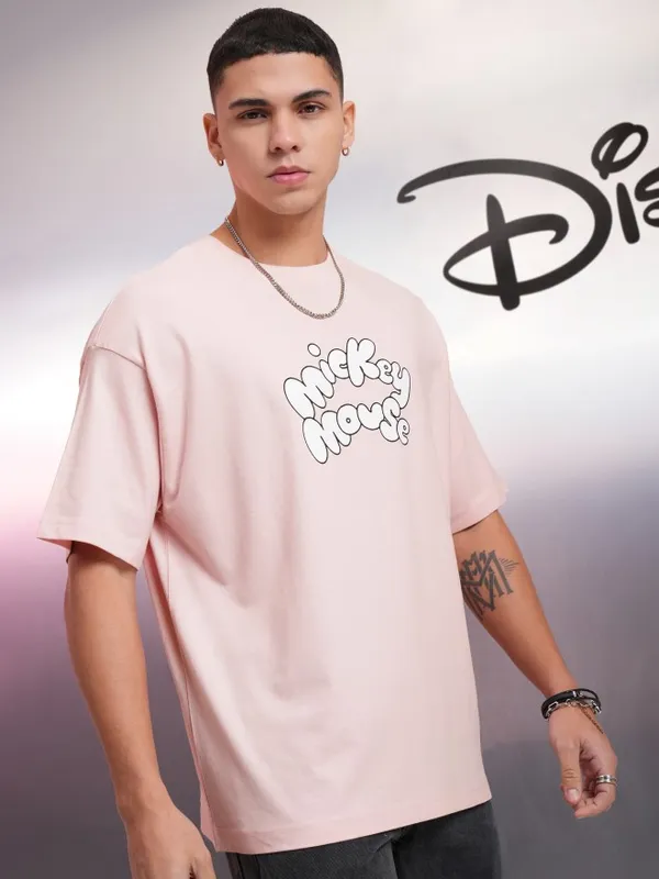 Disney By Highlander Men Pink Mickey Mouse Printed Oversized Fit T-Shirt