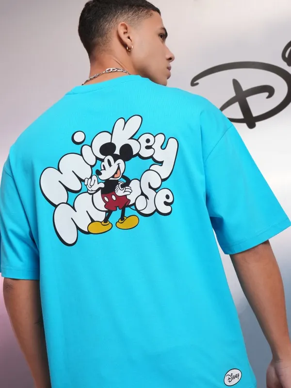 Disney By Highlander Men Turquoise Mickey Mouse Printed Round Neck Oversized Fit T-Shirt