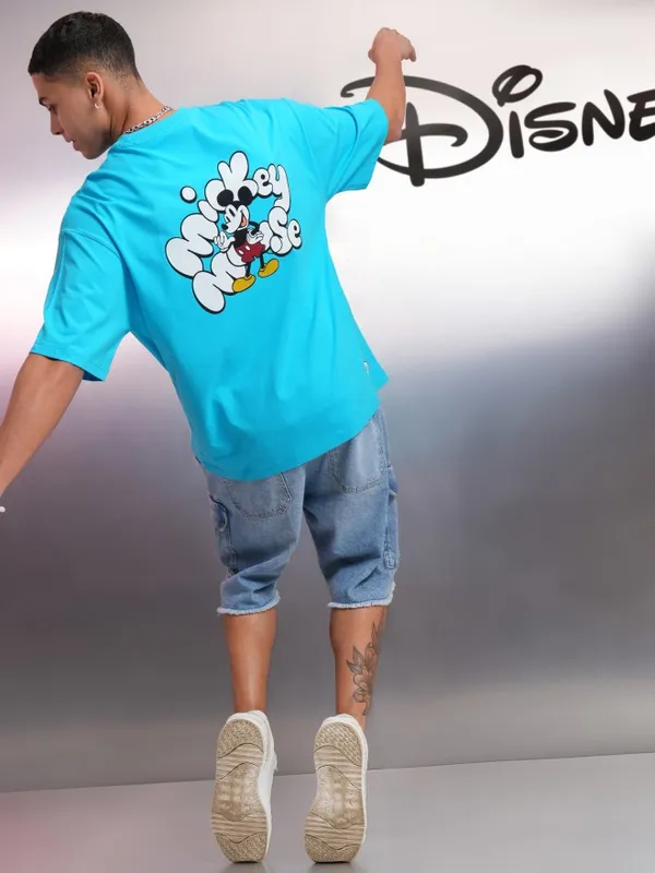 Disney By Highlander Men Turquoise Mickey Mouse Printed Round Neck Oversized Fit T-Shirt