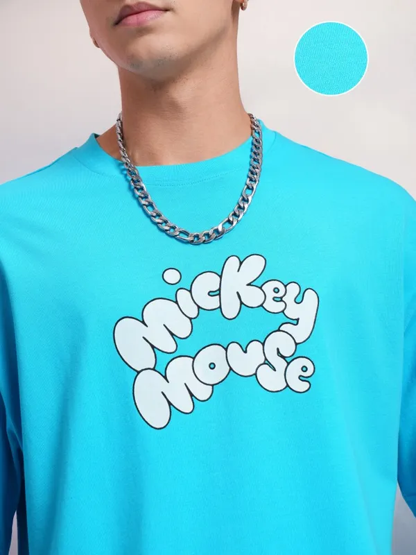Disney By Highlander Men Turquoise Mickey Mouse Printed Round Neck Oversized Fit T-Shirt