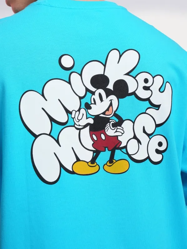 Disney By Highlander Men Turquoise Mickey Mouse Printed Round Neck Oversized Fit T-Shirt