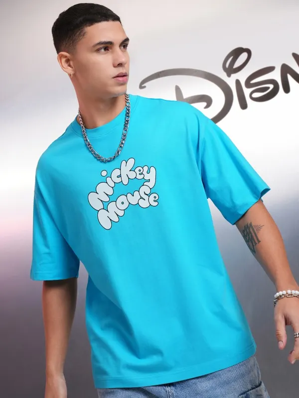 Disney By Highlander Men Turquoise Mickey Mouse Printed Round Neck Oversized Fit T-Shirt