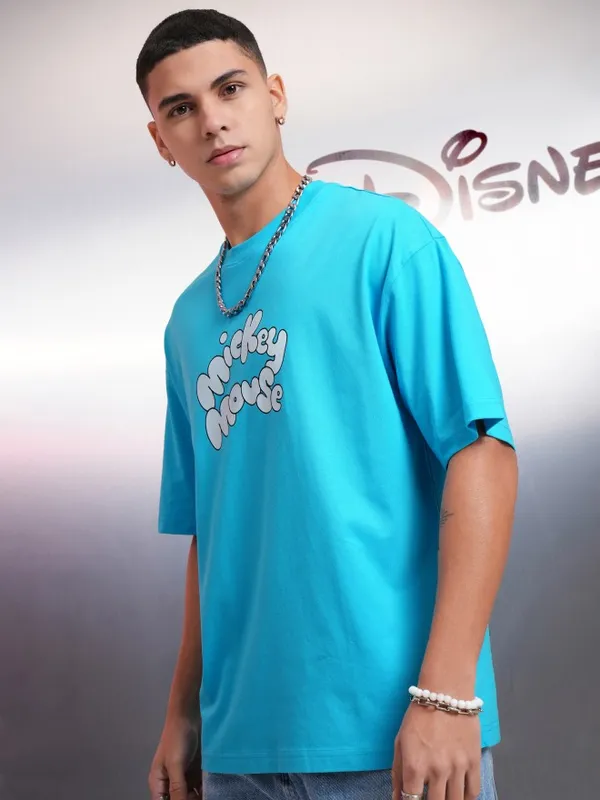 Disney By Highlander Men Turquoise Mickey Mouse Printed Round Neck Oversized Fit T-Shirt