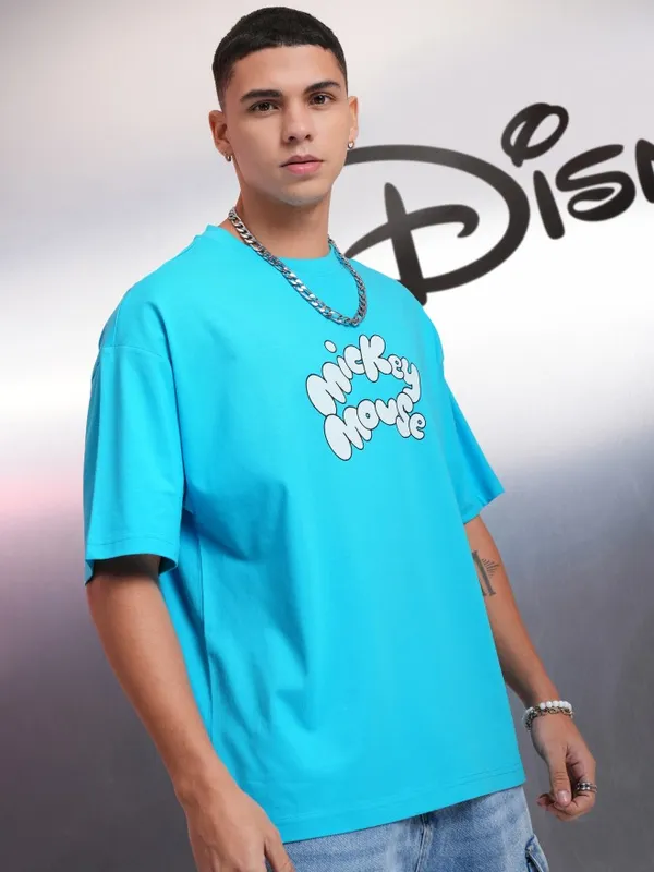 Disney By Highlander Men Turquoise Mickey Mouse Printed Round Neck Oversized Fit T-Shirt