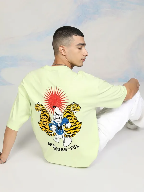 Disney By Highlander Men Lime Green Donald Duck Printed Round Neck Oversized Fit T-Shirt
