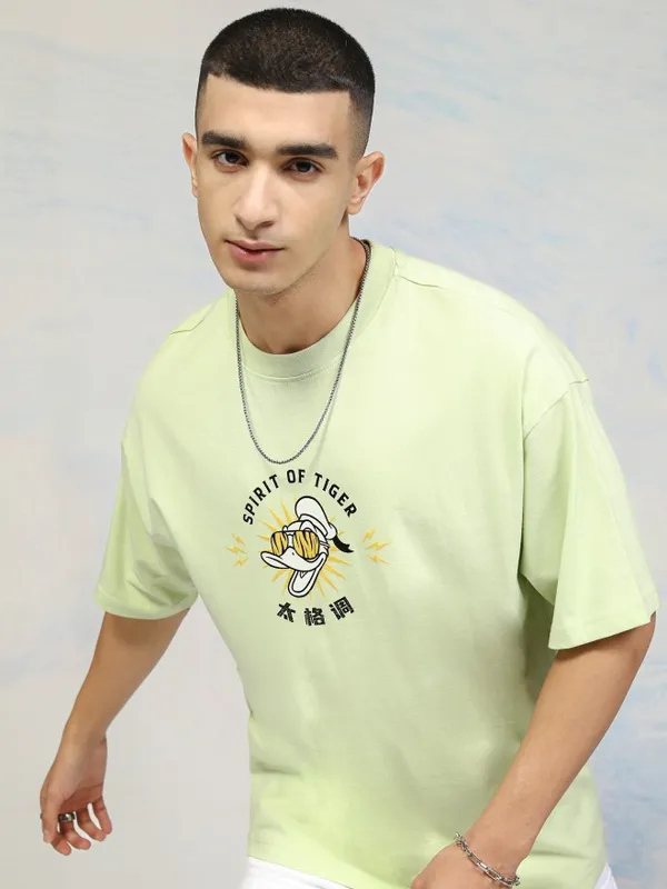 Disney By Highlander Men Lime Green Donald Duck Printed Round Neck Oversized Fit T-Shirt