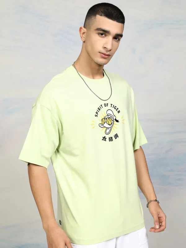 Disney By Highlander Men Lime Green Donald Duck Printed Round Neck Oversized Fit T-Shirt