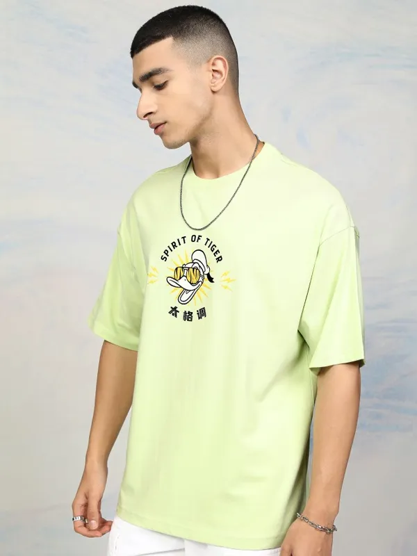 Disney By Highlander Men Lime Green Donald Duck Printed Round Neck Oversized Fit T-Shirt