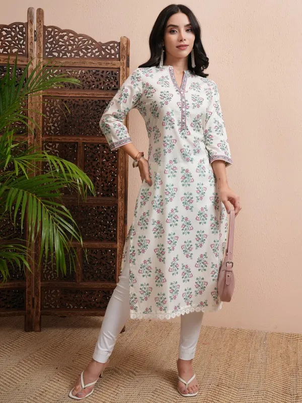 Vishudh Women Cream Printed Straight Kurta